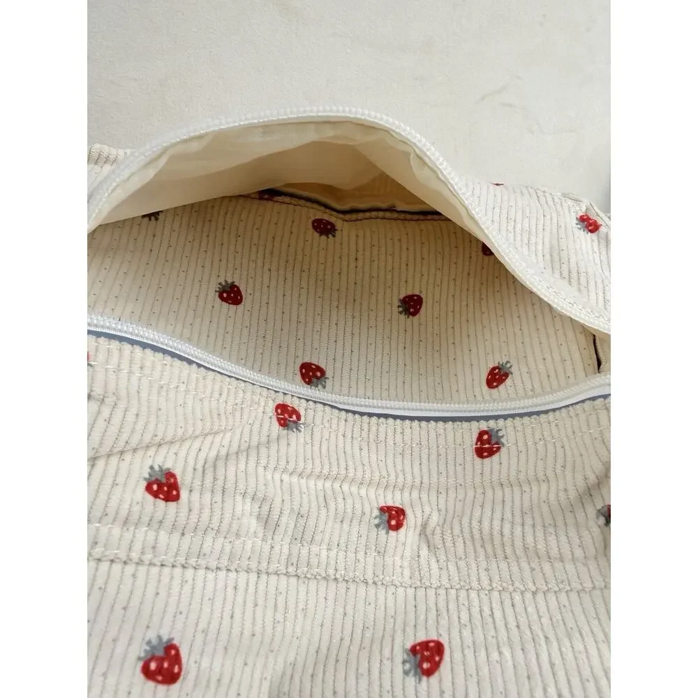 Miqah Mini Corduroy Strawberry Backpack Cream/Red Zip Pockets Adjustable Straps